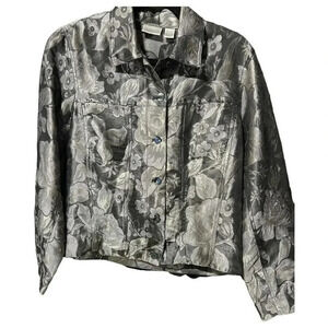 Chicos Jacket Silk Shacket‎ Jacket Sz 0 Gray Pewter Shimmer Textured Button Down
